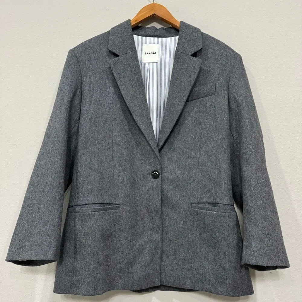 New Sandro France Palma Jacket Tailored Cut‎ Wool Blend Gray size 10 US - Picture 7 of 15